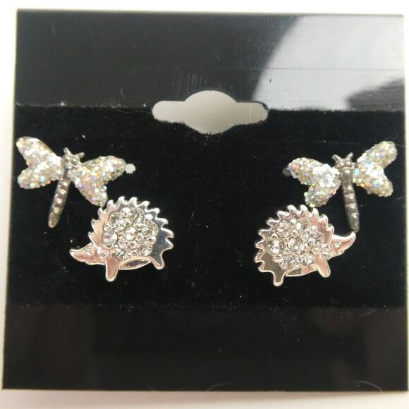Hedgehog Dragonfly Sparkly Silver Tone Pierced Earrings Stud Lot Animal Cute - Picture 1 of 5